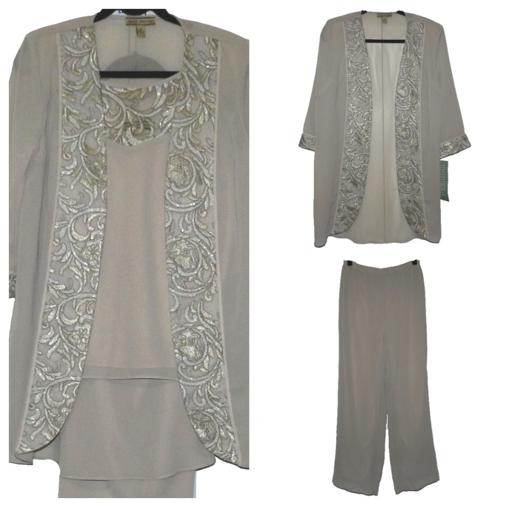 NWT Pristine Embroidered Sequin 3-Pc Pant Suit Size 10 Jacket, Pants & Shell Top